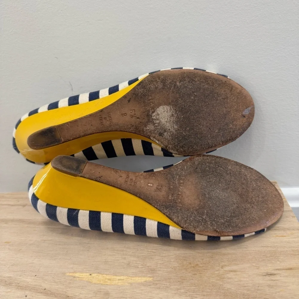 Kate Spade Navy Blue & White Stripe Yellow Detail Kitten Wedge Flats 6.5